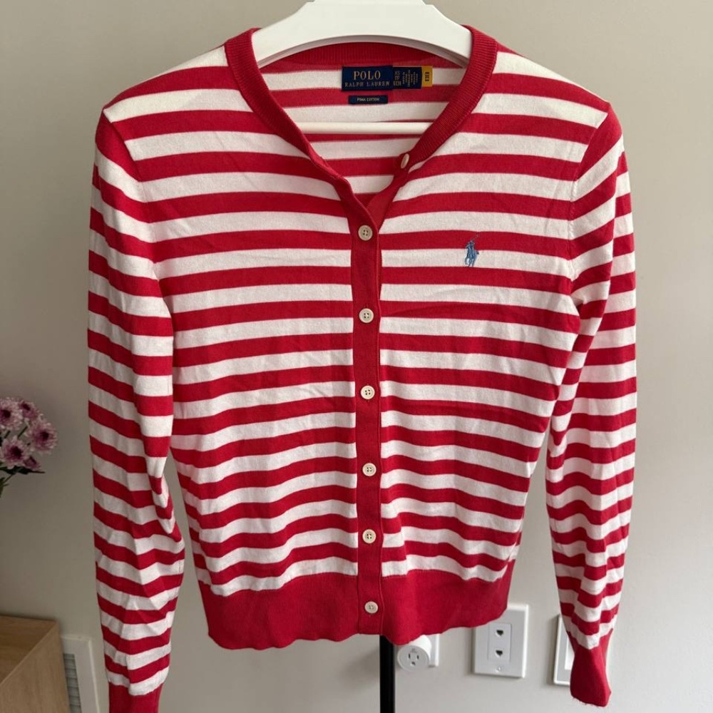 Polo Ralph Lauren Women Striped Pima Cotton Cardigan Red 95$